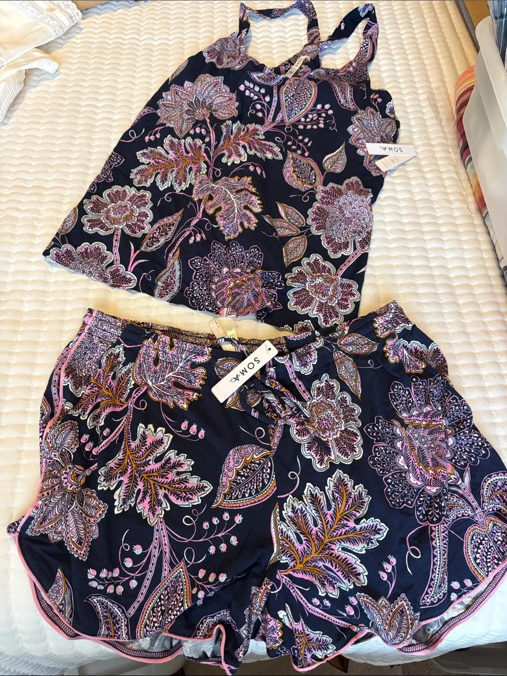 Soma Navy Floral Paisley lounge/sleep Set with Pink Accents - Picture 2 of 5